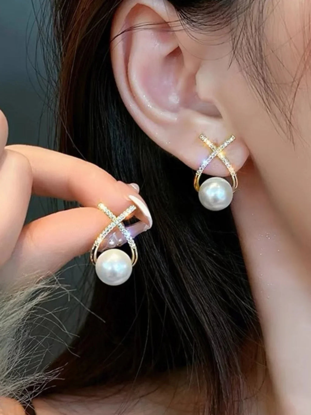 Classic Classic Lustrous Iridescent Ocean Sea Aurora Celestial Pearl Ear Jewelry Adorned with Sparkling Gleaming Radiant Prism Ethereal Crystal Accents
